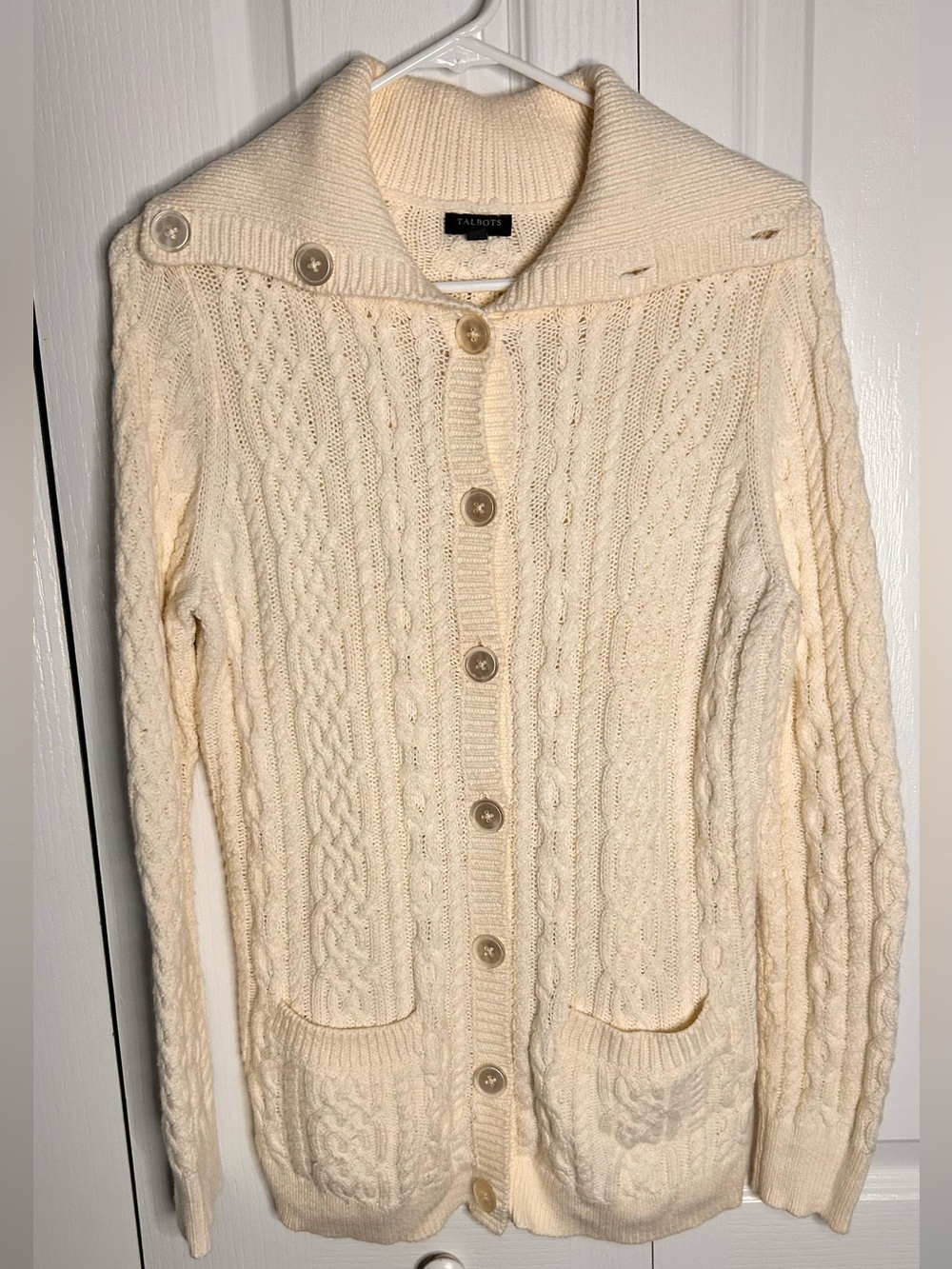 Talbots Women’s SP Cream Fisherman Cable Knit Button-Up‎ Sweater Pockets Angora